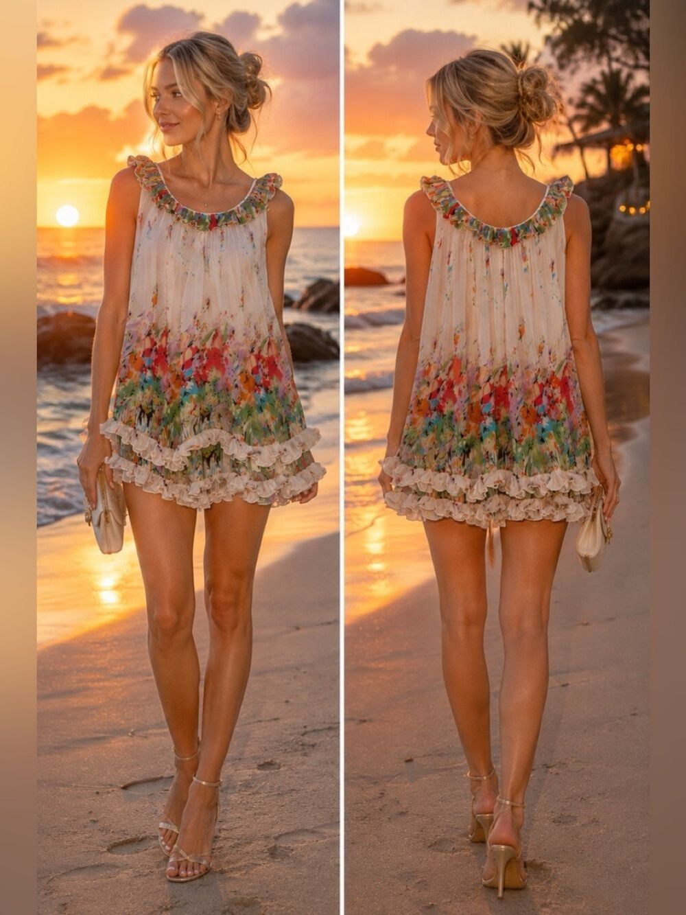 Anna Sui Floral Pleated Ruffle Mini babydoll Dress Sleeveless Multicolor Boho M